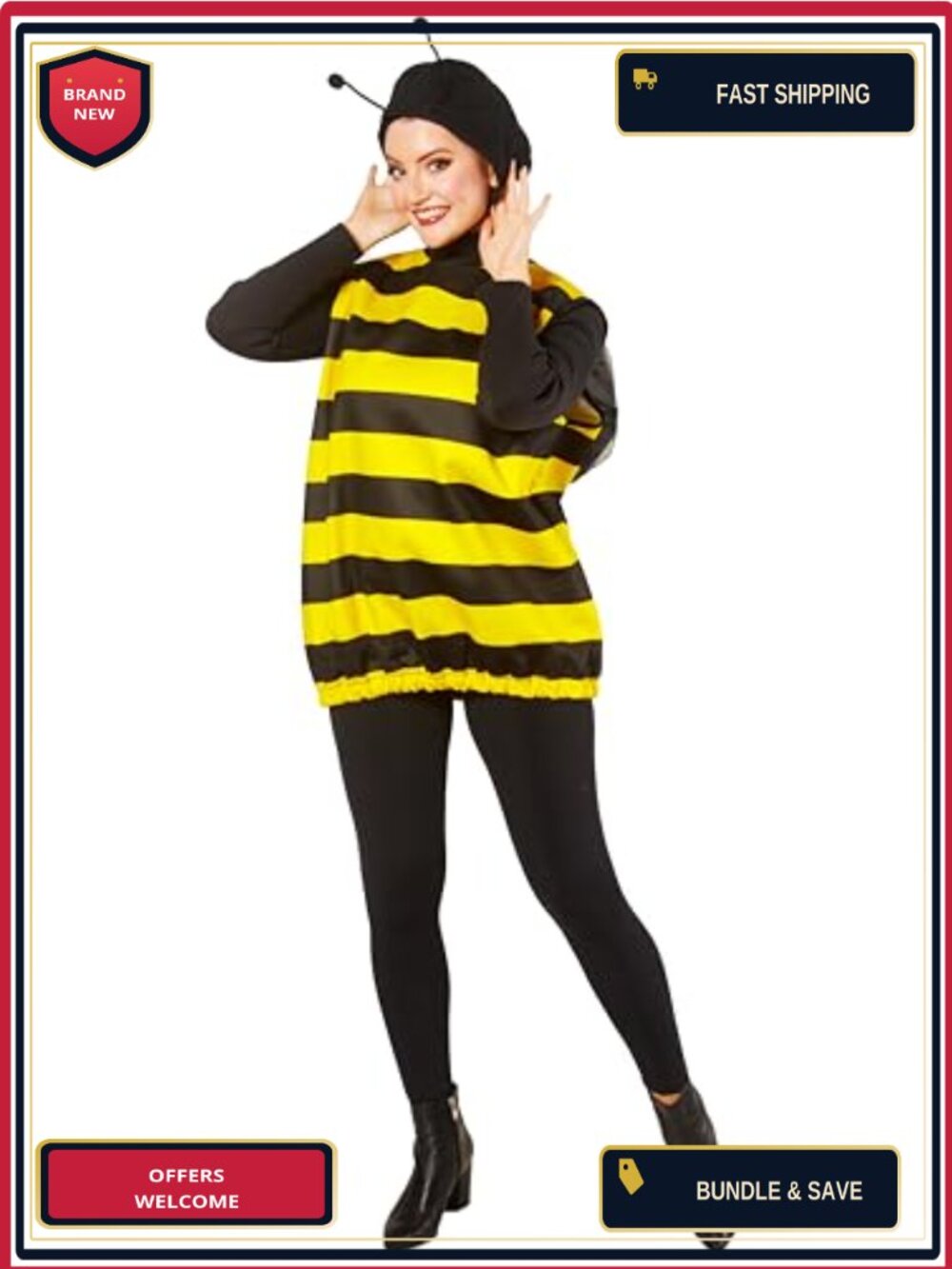 Women's Bumble Bee Costume Tunic Wings Stinger Hood Halloween